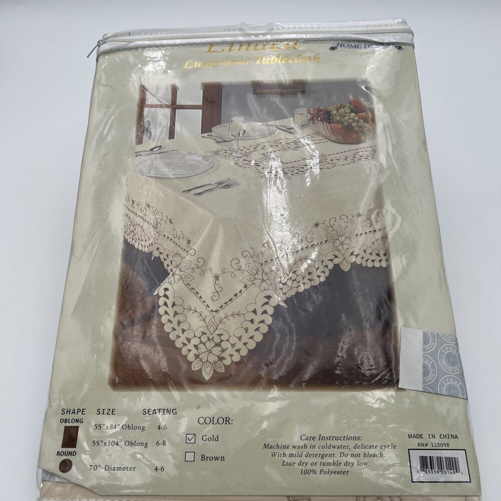 NOS Crest Home Design Chelsea Luxurious TableCloth 70” Diameter Gold Embroidered - Picture 9 of 13